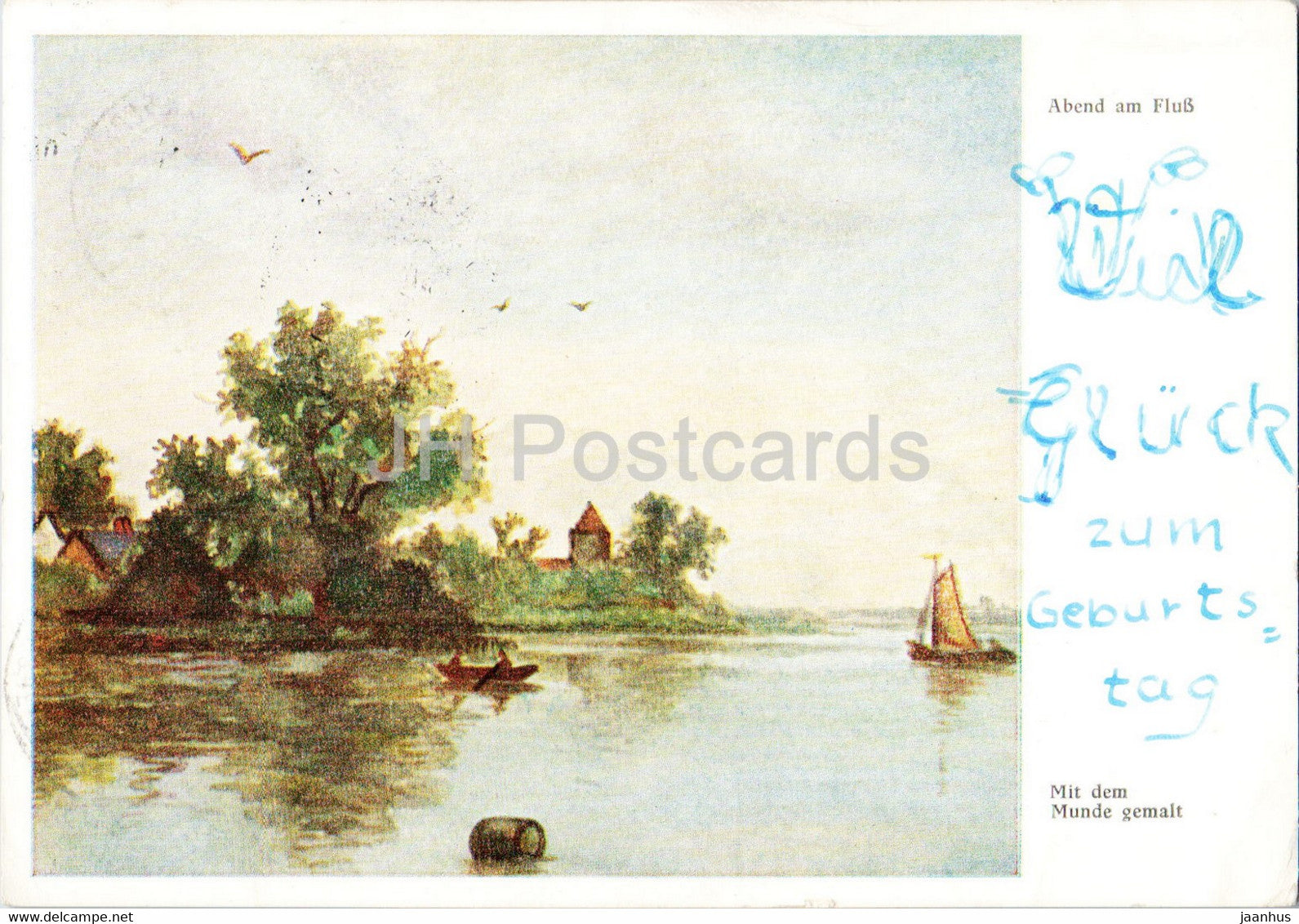 painting - Abend am Fluss - Kunst der Mund und Fuss Schaffenden - old postcard - German art - Germany - used - JH Postcards
