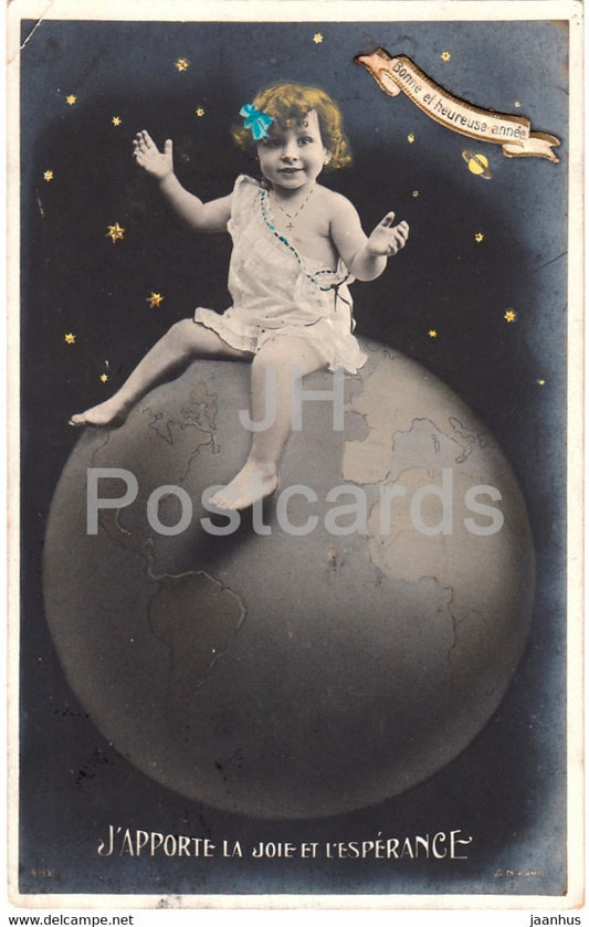 New Year Greeting Card - J'apporte la Joie et l'Esperance - girl - old postcard - 1907 - France - used - JH Postcards