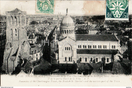 Tours - Panorama de la Tour Charlemagne de la Basilique Saint Martin - 11 - old postcard - 1923 - France - used - JH Postcards