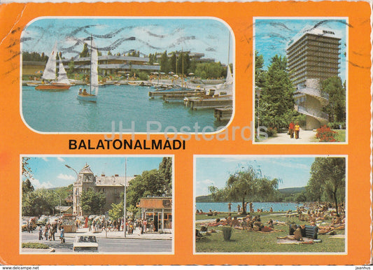 Balaton - Balatonalmadi - beach - sailing boat - hotel - town - multiview - 1980 - Hungary - used - JH Postcards