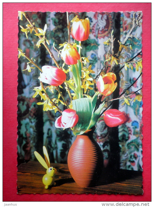 Easter Greeting Card - tulip - flowers - hare - 1447/6 - Finland - used in Finland - JH Postcards