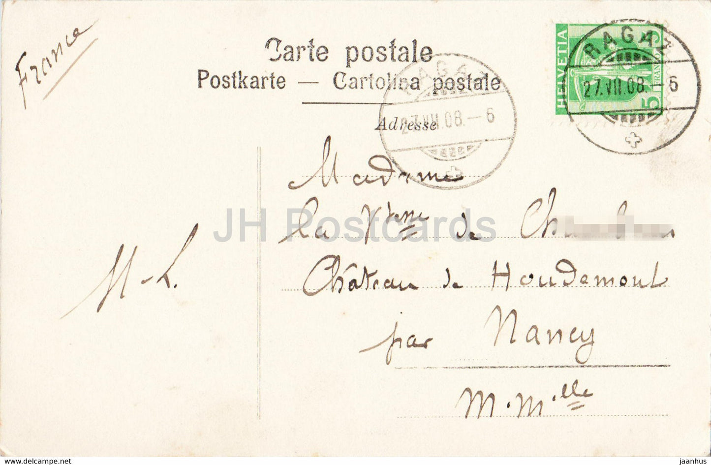 Ragaz - Ruine und Hotel Wartenstein - 6524 - carte postale ancienne - 1908 - Suisse - utilisé