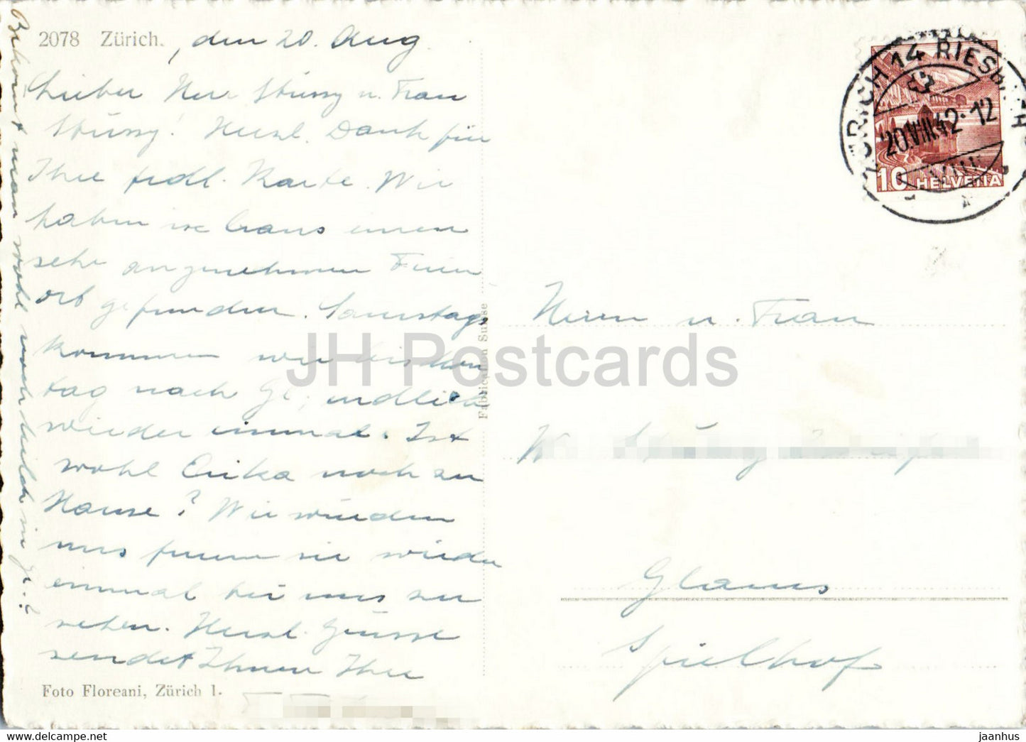 Zurich - 2078 - carte postale ancienne - 1942 - Suisse - utilisé