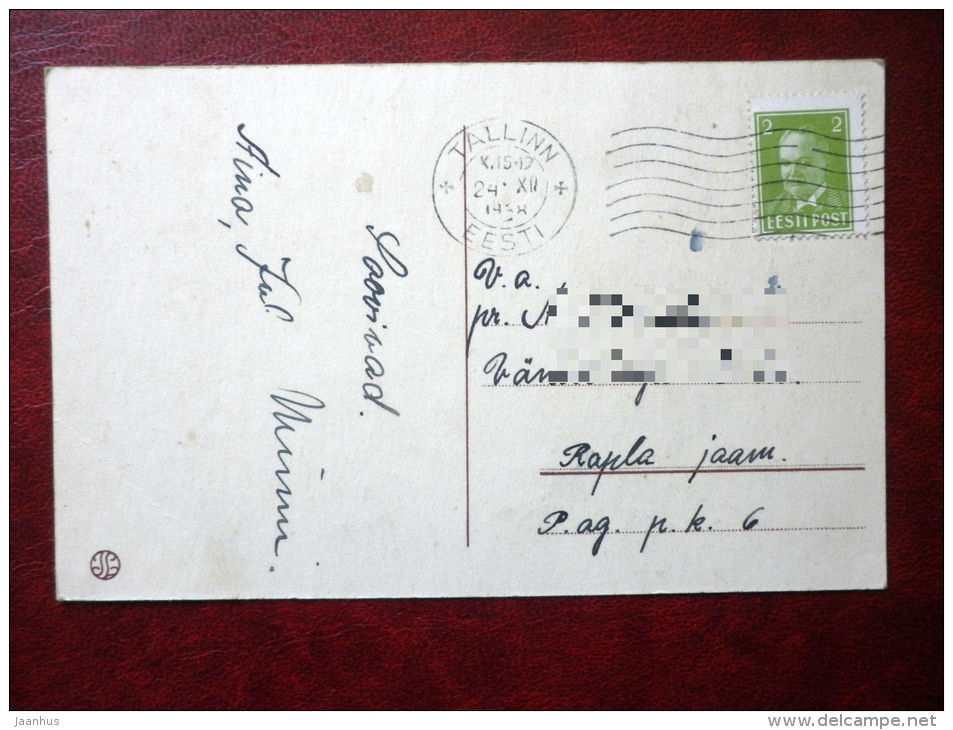 Christmas Greeting Card - fir cones - song lyrics Holy Night - IL - circulated in Estonia 1938 ,Tallinn - Estonia - used - JH Postcards