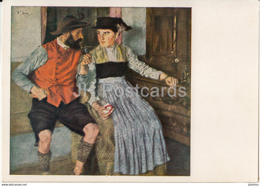 painting by Wilhelm Leibl - In der Bauernstube - Man and Woman - folk costumes - German art - Germany DDR - unused - JH Postcards