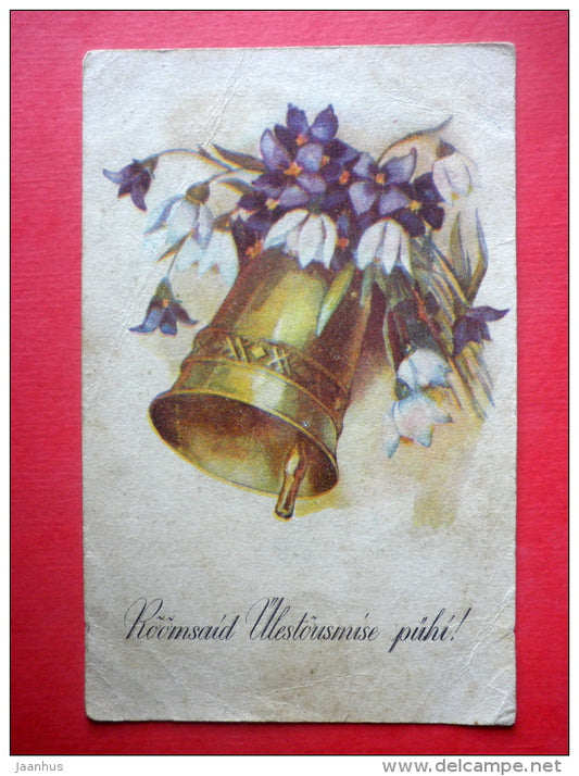 easter greeting card - bell - flowers - RTK 520 - circulated in Estonia 1933 - JH Postcards