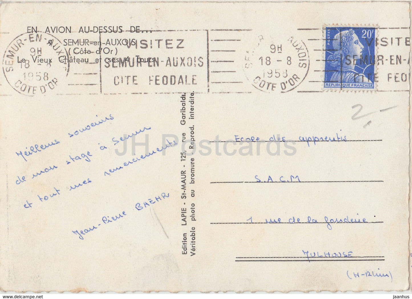 Semur en Auxois - Le Vieux Chateau et ses 4 Tours - En Avion Au Dessus De - carte postale ancienne - 1958 - France - occasion