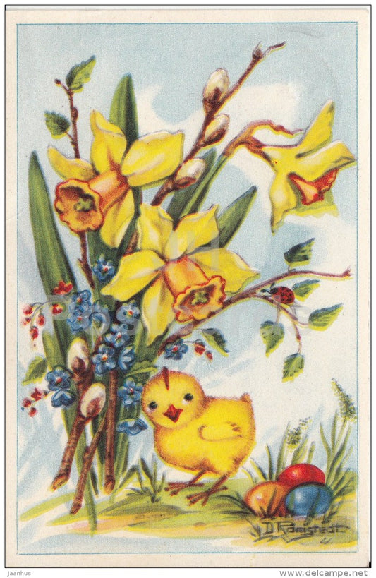 mini Easter Greeting Card - chicken - eggs - narcissus - illustration by D. Ramstedt - Sweden - used - JH Postcards