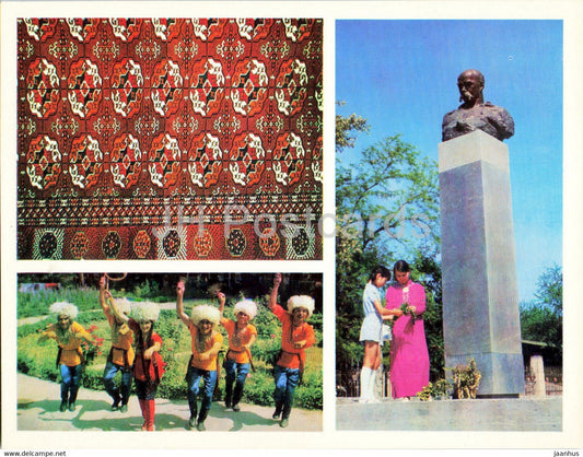 Ashgabat - Ashkhabad - carpet in Museum of Fine Art - monument to Shevchenko - Djigits 1974 - Turkmenistan USSR - unused - JH Postcards