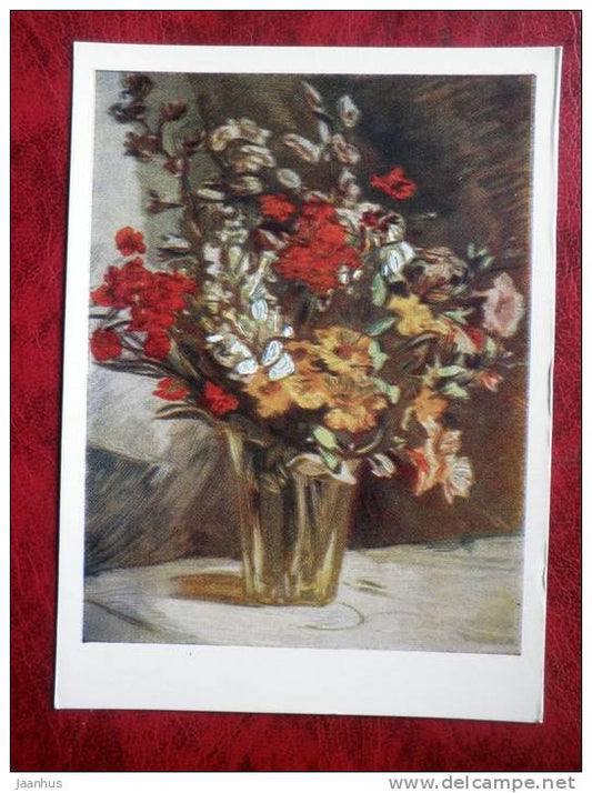 Engraving by I. Sokolov - bouquet in a glass, 1945 - flowers - russian art - unused - JH Postcards