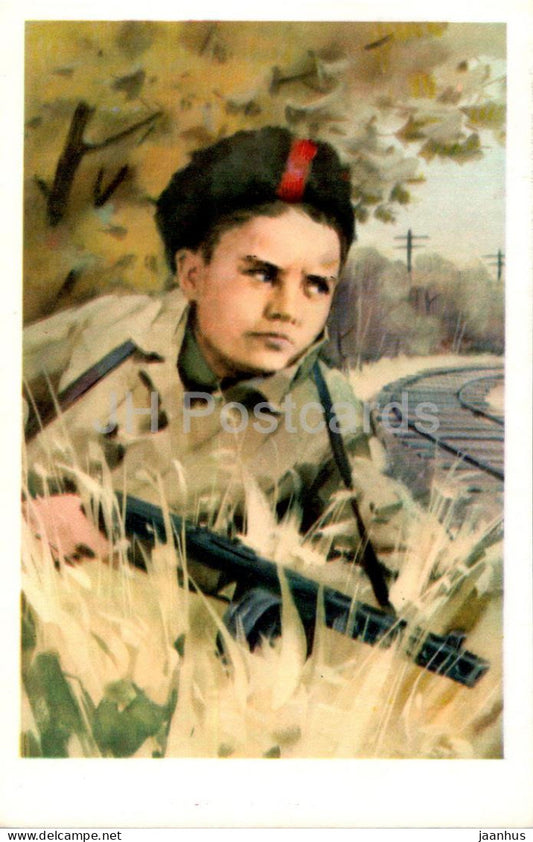 Pioneers Heroes - Yasha Gordienko - boy - machine gun - illustration by I. Suschenko - 1971 - Russia USSR - unused - JH Postcards