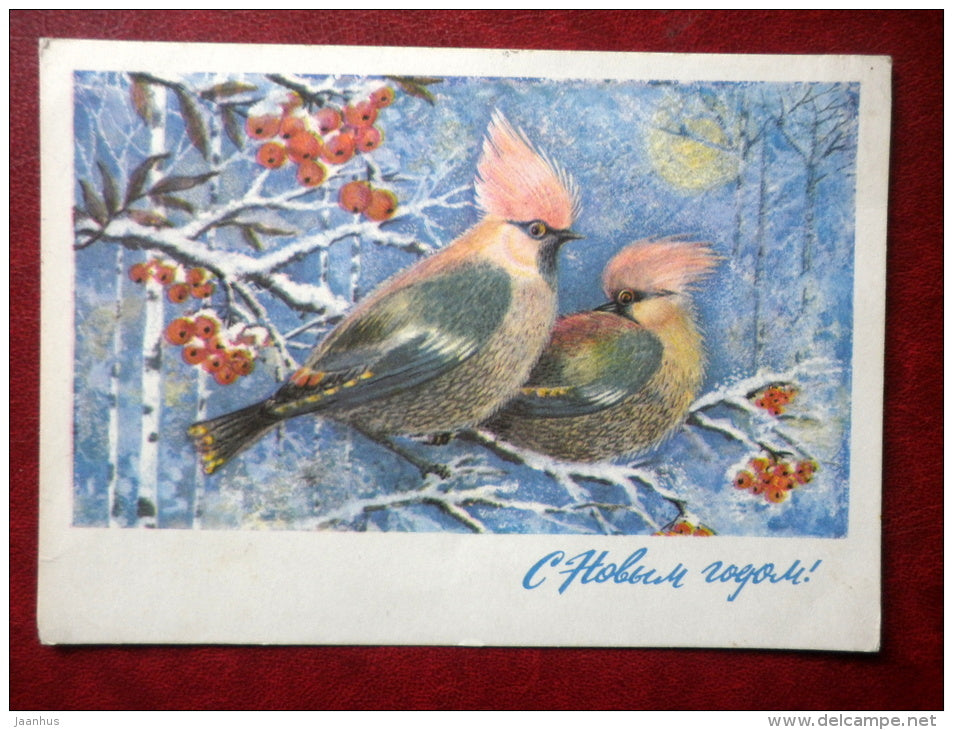 New Year Greeting card - by L. Manilova - winter - birds - rowan tree - 1975 - Russia USSR - used - JH Postcards