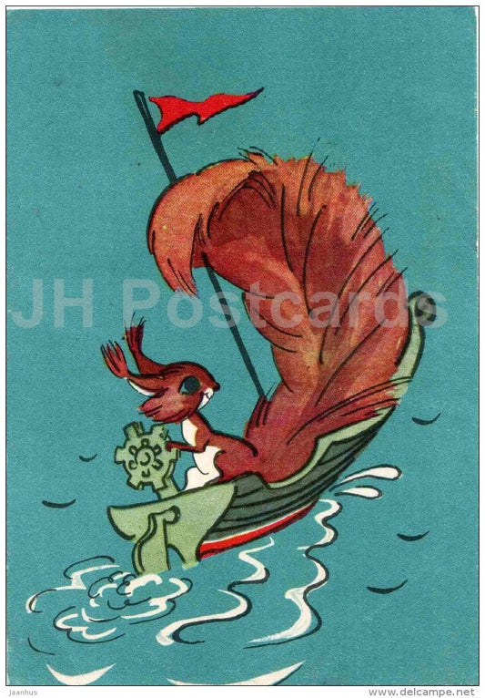 illustration - Squirrel in boat - 1961 - Belarus USSR - unused - JH Postcards