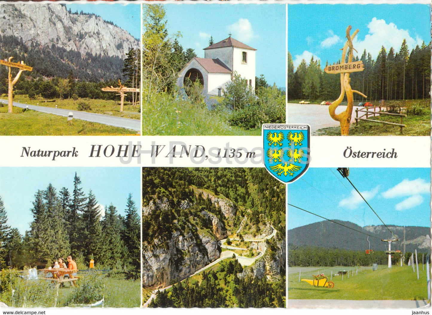 Naturpark Hohe Wand 1135 m - Wegweiser - Engelbert Dollfuss Kirche - Sessellift - multiview - 1976 - Austria - used - JH Postcards