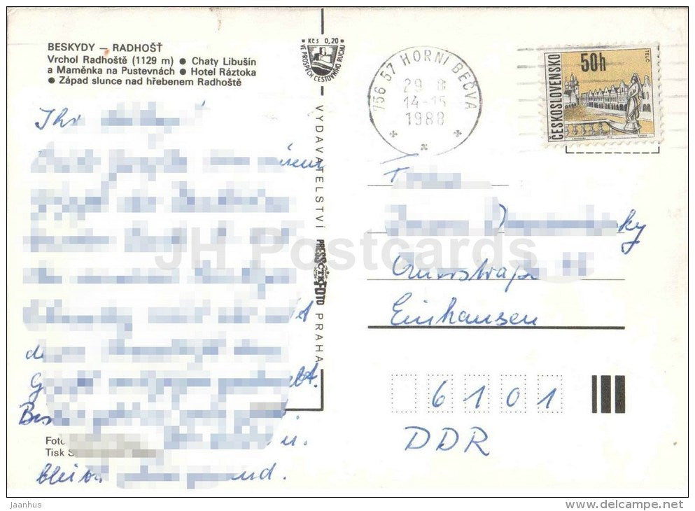 peak Radhost - hotel Raztoka - sunset - Beskydy - Czechoslovakia - Czech - used 1988 - JH Postcards