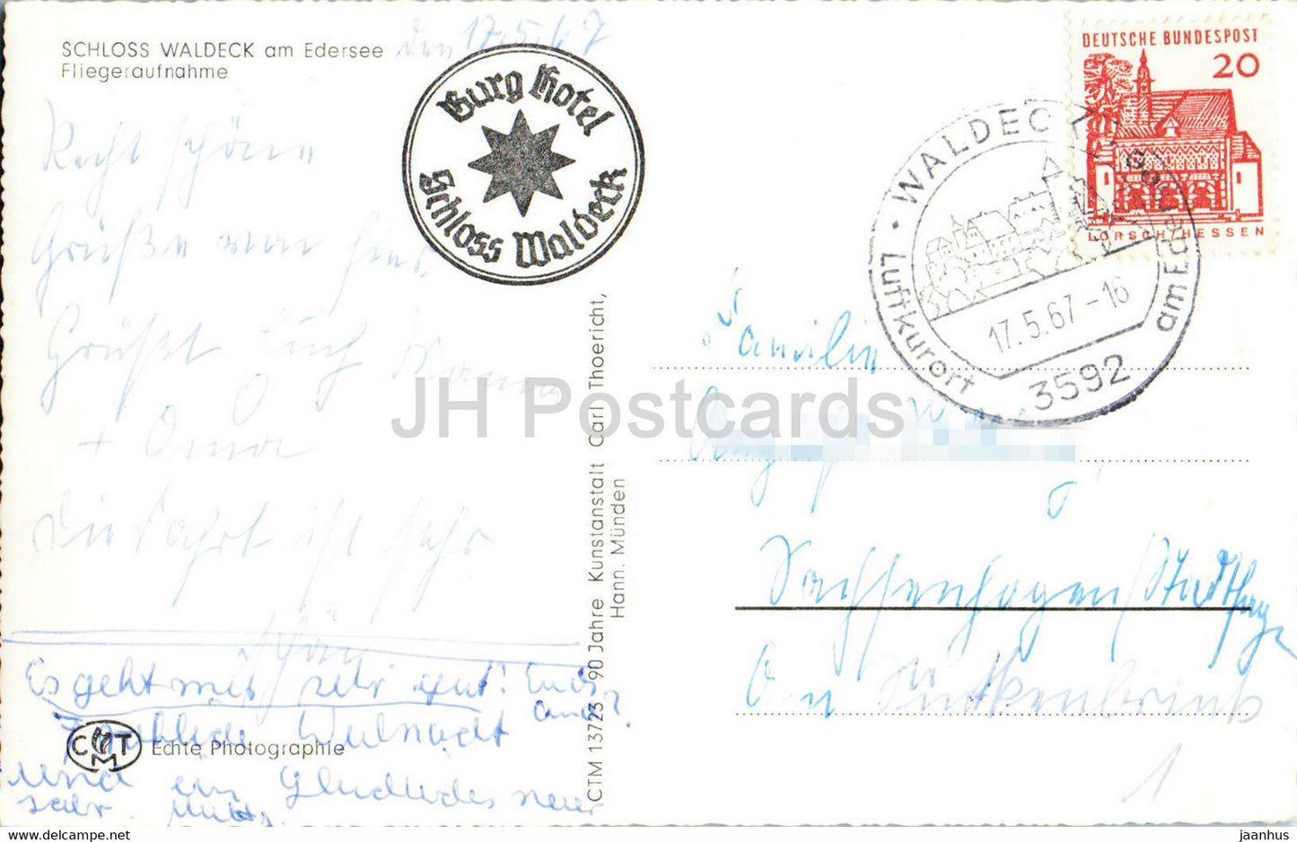 Schloss Waldeck am Edersee - Fliegeraufnahme - castle - old postcard - 1967 - Germany - used