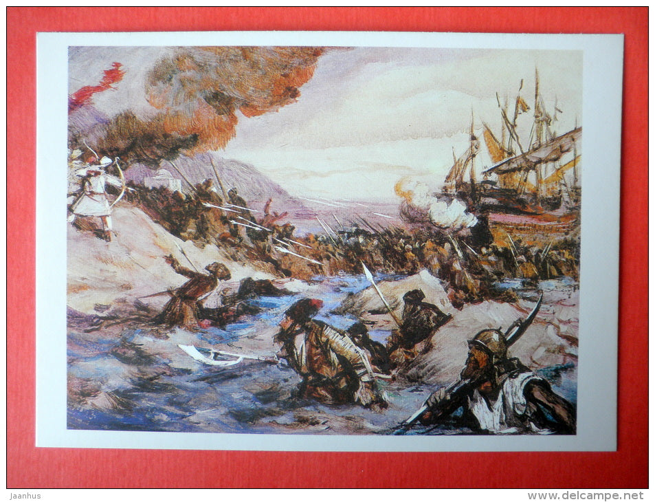illustration by I. Ushakov - warriors - war - battle - sailing ship - Stepan Razin by S. Zlobin - 1989 - Russia - unused - JH Postcards