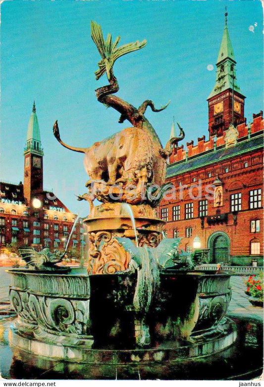 Copenhagen - Kobenhavn - Radhuspladsen med Dragespringvandet - Town Hall - Dragon Fountain T 108 - 1975 - Denmark - used - JH Postcards