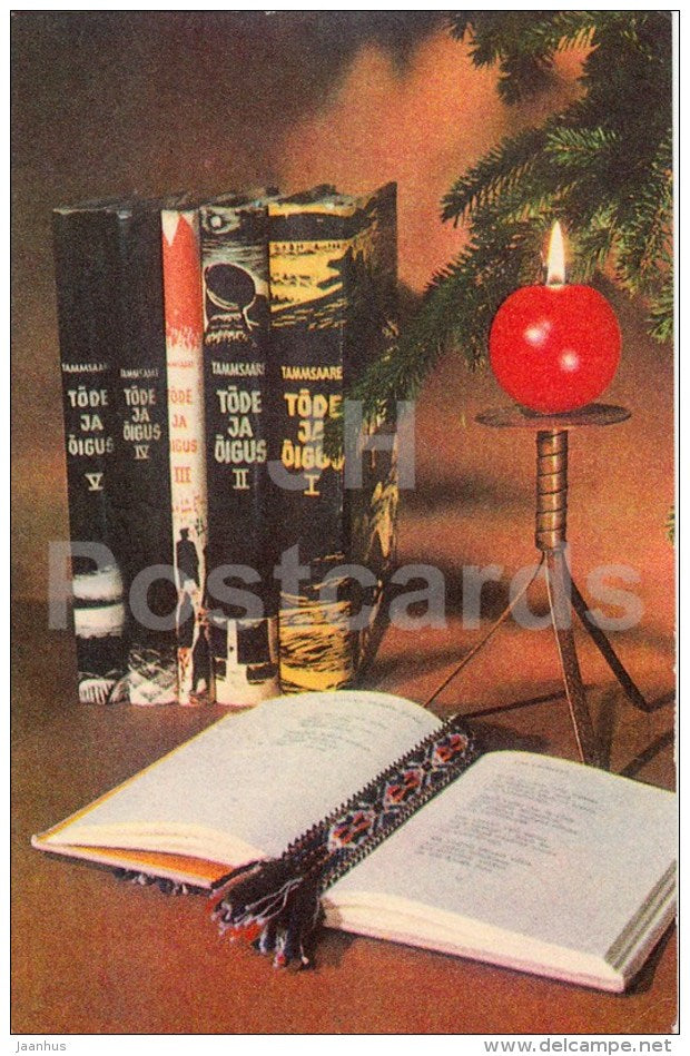 New Year Greeting Card - books - candle - 1974 - Estonia USSR - used - JH Postcards