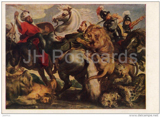 painting by Peter Paul Rubens - Hunting Lions - horse - Flemish art - 1955 - Russia USSR - unused - JH Postcards