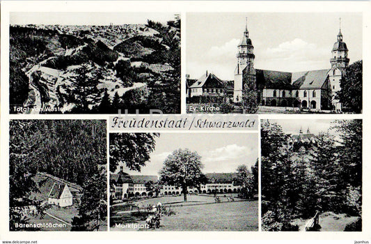 Freudenstadt - Schwarzwald - Kirche - Barenschlosschen - Marktplatz - old postcard - Germany - unused - JH Postcards