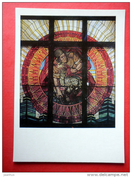 Lacplesis Fighting with the Black Knight by K. Brencens - Stained Glass - window - Latvia USSR - unused - JH Postcards