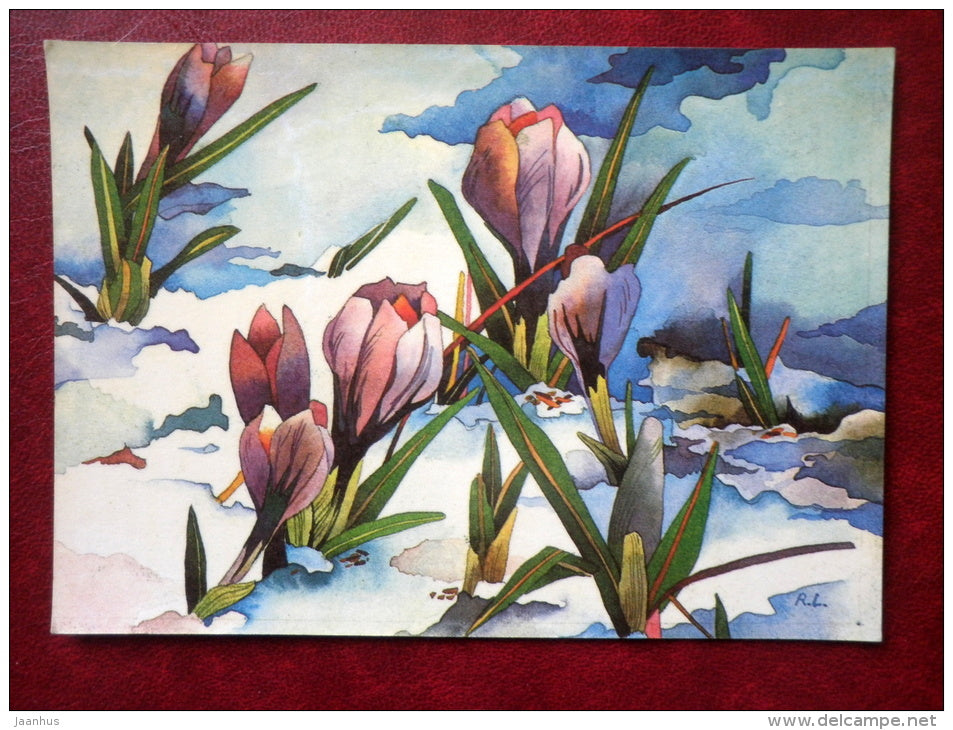 New Year Greeting card - by R. Lukk - crocus - flowers - 1985 - Estonia USSR - used - JH Postcards