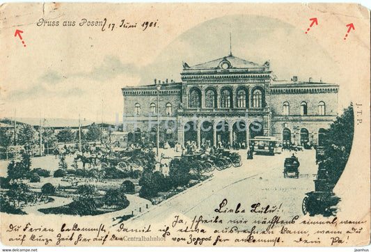 Gruss aus Posen - Poznan - Centralbahnhof - railway station - old postcard - 1901 - Poland - used - JH Postcards