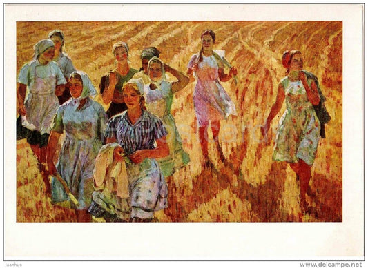 painting by K. Kazanchan - The Golden Summer , 1967 - women - cornfield - russian art - unused - JH Postcards