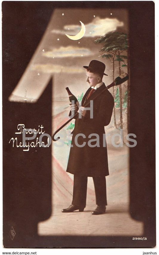 New Year Greeting Card - Prosit Neujahr - man - PFB 2980/3 - old postcard - Germany - unused - JH Postcards