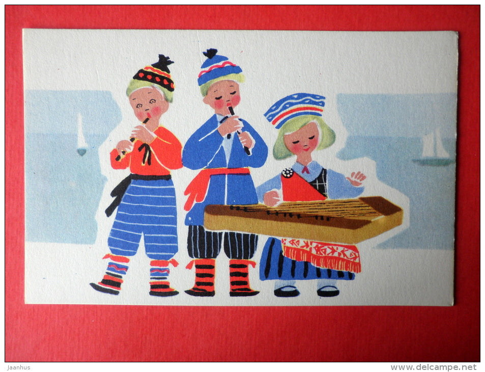 illustration by E. Rapoport - folk costumes and national instruments - 3 - Young Musicians - 1969 - Russia USSR - unused - JH Postcards
