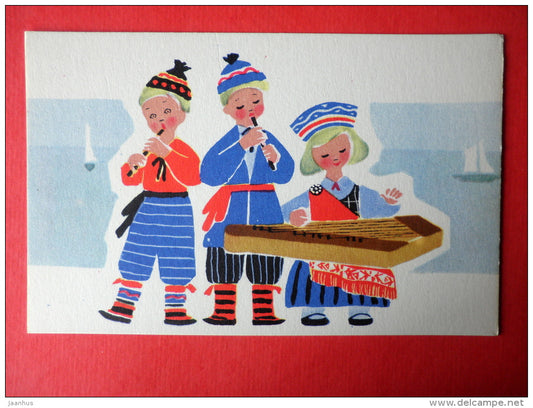 illustration by E. Rapoport - folk costumes and national instruments - 3 - Young Musicians - 1969 - Russia USSR - unused - JH Postcards