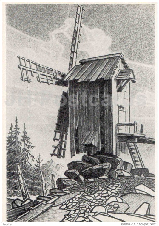 drawing by Paul Kamm - Windmill in Hiiumaa island , 1963 - 1964 - Estonia USSR - unused - JH Postcards