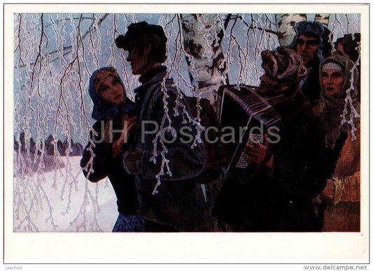 painting by A. Mikhailov - Seeing Off , 1974 - accordion - russian art - unused - JH Postcards