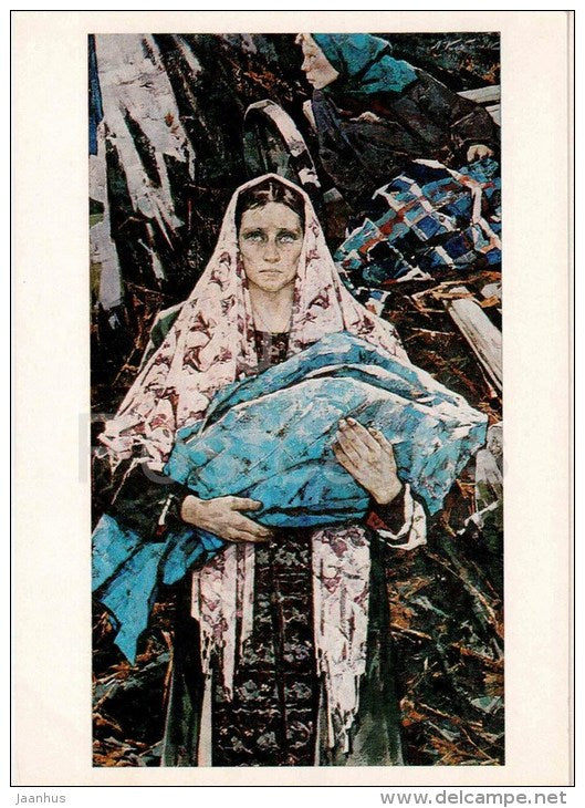 painting by L. Kabachek - From their land , 1967 - woman and child - russian art - unused - JH Postcards