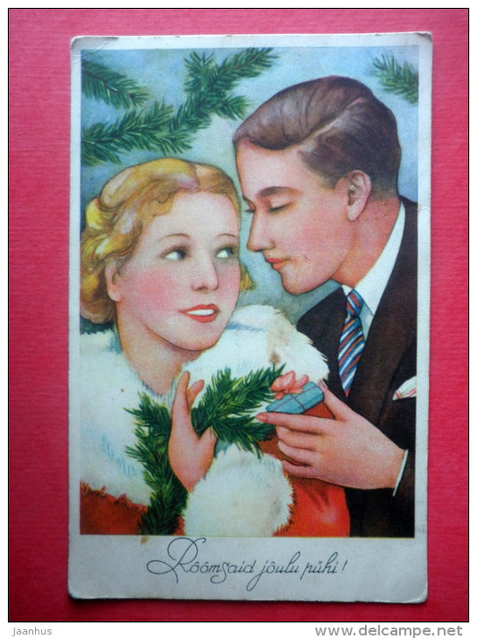 christmas greeting card - couple - man and woman - gift - circulated in Estonia Lalsi 1937 - JH Postcards