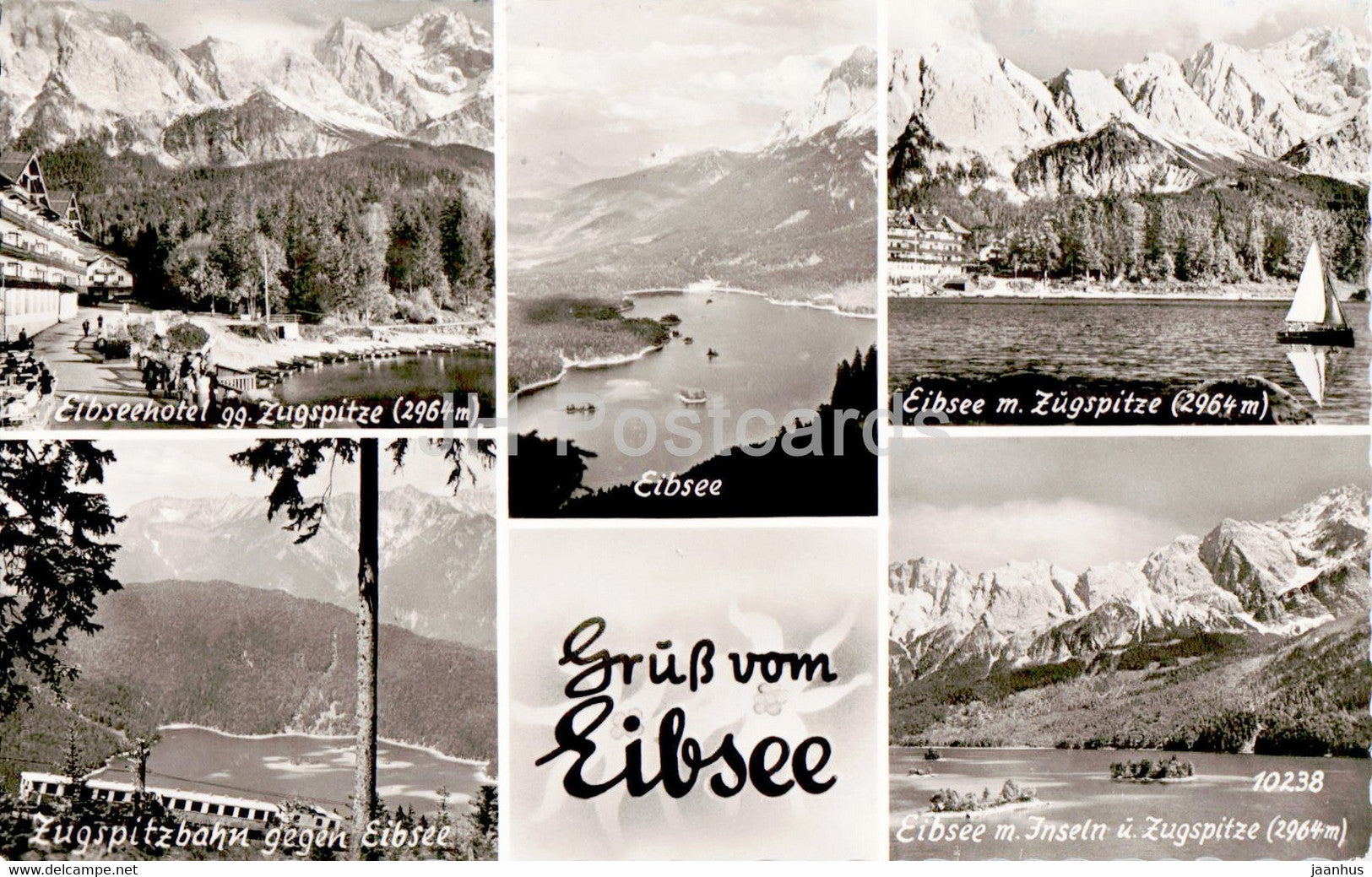 Gruss vom Eibsee - Eibseehotel - Zugspitzbahn - old postcard - Germany - used - JH Postcards