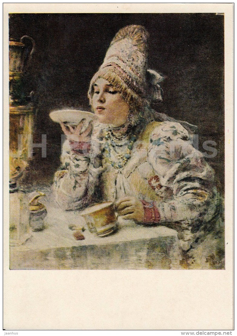 painting by K. Makovsky - Drinking Tea , 1914 - woman - hat - Russian art - 1974 - Russia USSR - unused - JH Postcards