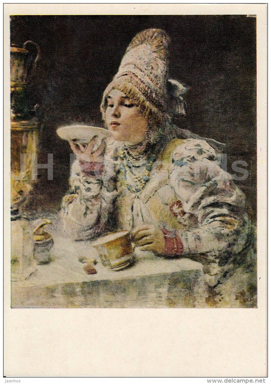 painting by K. Makovsky - Drinking Tea , 1914 - woman - hat - Russian art - 1974 - Russia USSR - unused - JH Postcards
