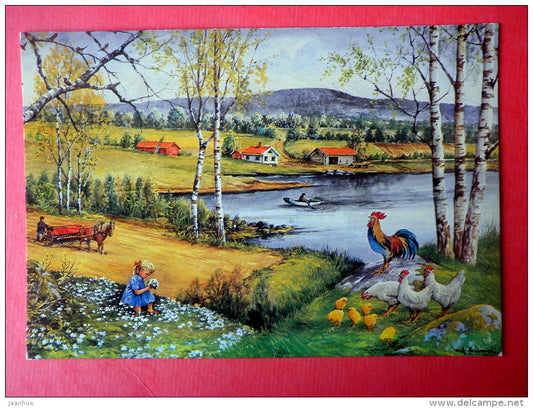 Easter Greeting Card by Erik Forsman - chicken - chick - horse - cock - 2196-2 - Finland - circulated in Finland - JH Postcards