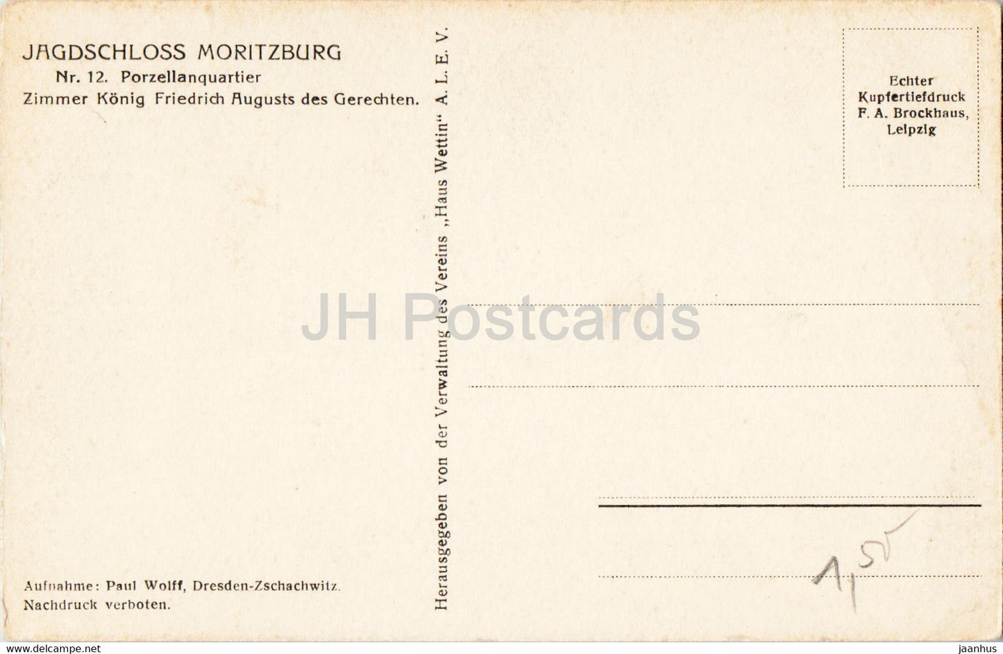 Jagdschloss Moritzburg - Porzellanquartier - Zimmer König Friedrich Augusts - Schloss - alte Postkarte - Deutschland - unbenutzt