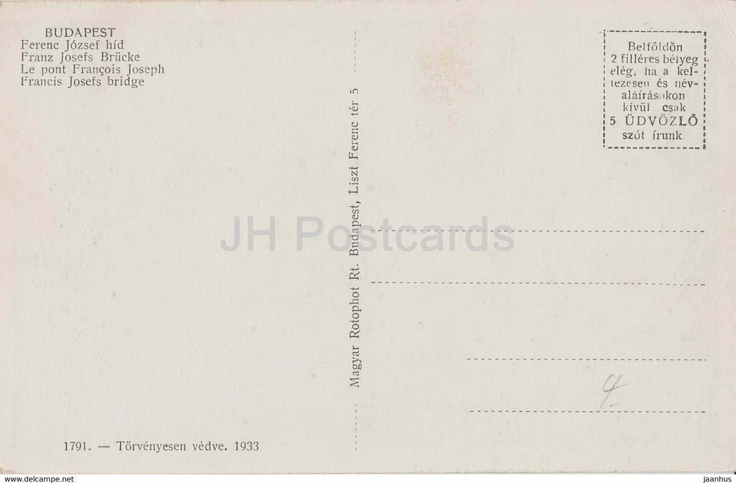 Budapest - Ferenc Jozsef hid - bridge - old postcard - 1933 - Hungary - unused