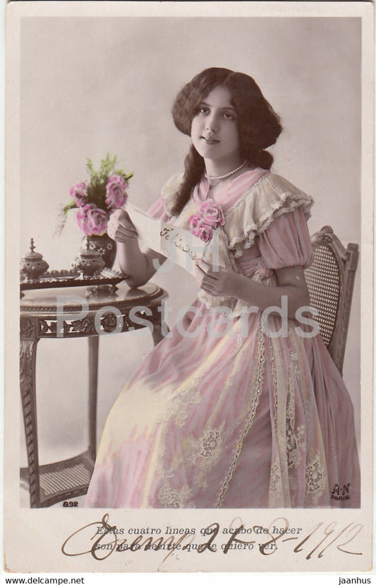 young woman - letter - AN Paris 892 - old postcard - Spain - used - JH Postcards