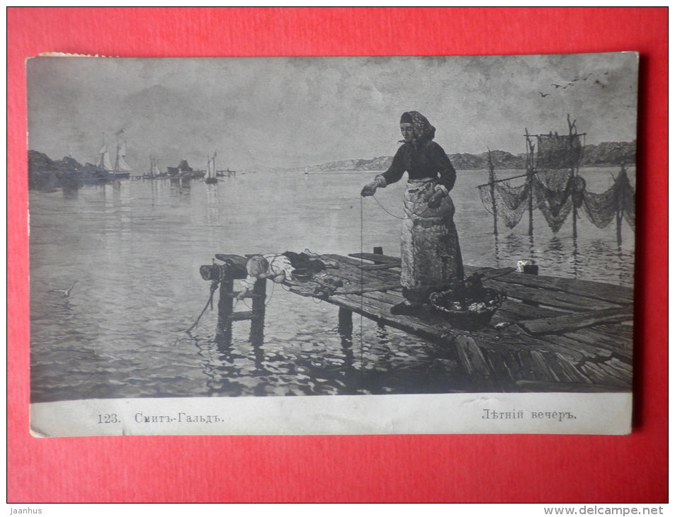 painting by Smith-Hallde . Summer Evening - woman and boy - 123 - art - sent to Estonia Reval Imperial Russia 1914 - JH Postcards