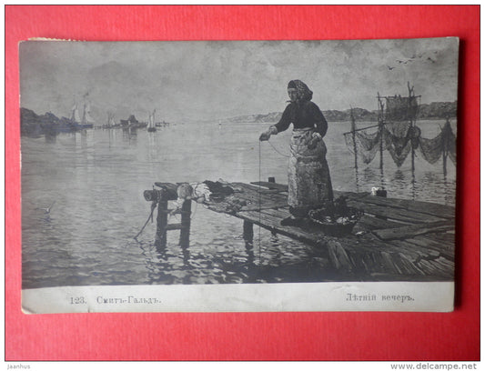 painting by Smith-Hallde . Summer Evening - woman and boy - 123 - art - sent to Estonia Reval Imperial Russia 1914 - JH Postcards