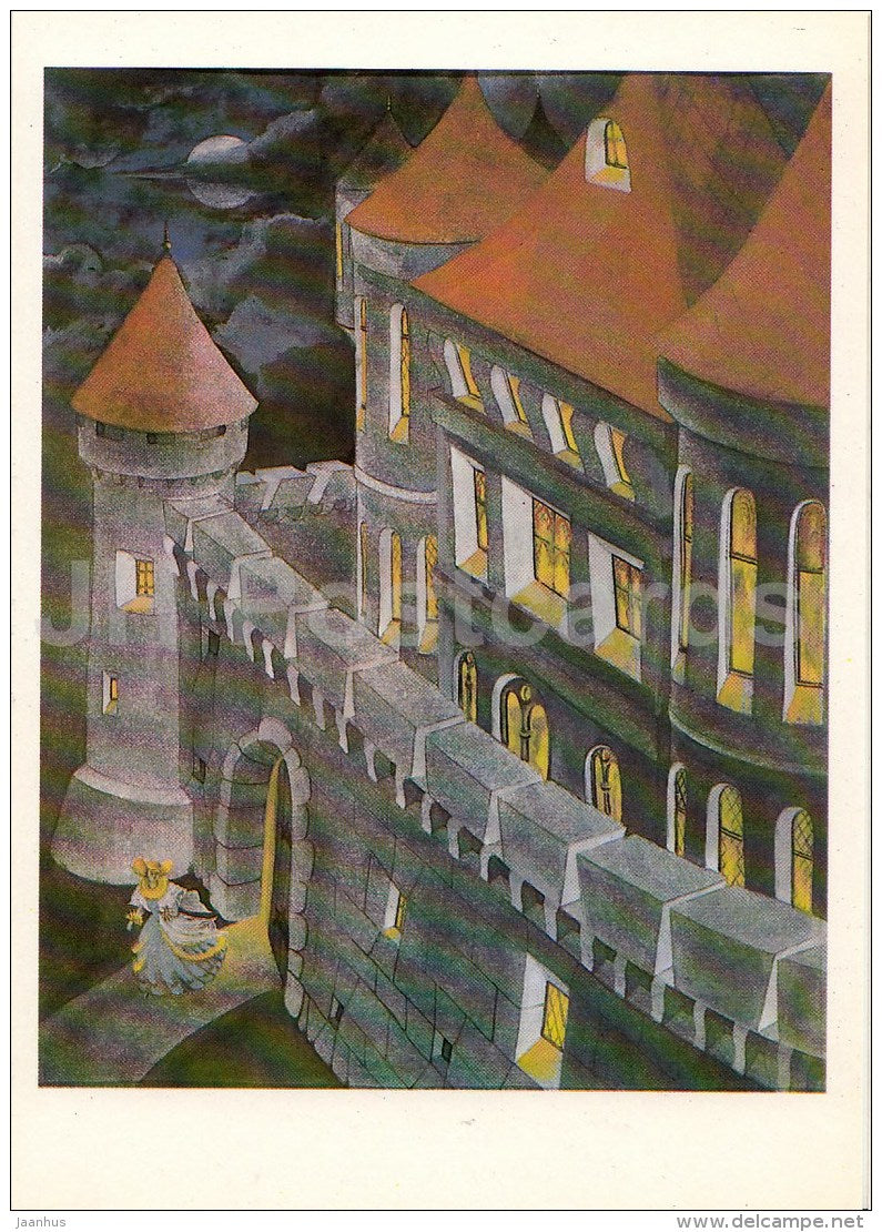 illustration by O. Kondakova - Cinderella - castle - Brothers Grimm Fairy Tale - 1986 - Russia USSR - unused - JH Postcards