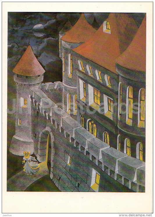 illustration by O. Kondakova - Cinderella - castle - Brothers Grimm Fairy Tale - 1986 - Russia USSR - unused - JH Postcards
