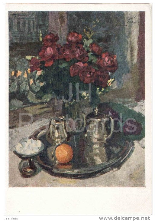 painting by K. Korovin - Roses and Violets - flowers - russian art  - unused - JH Postcards