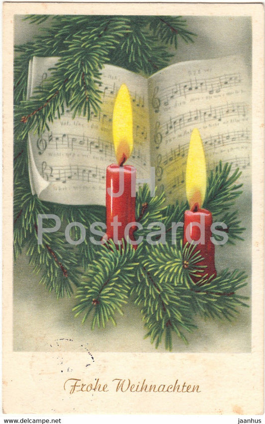 Christmas Greeting Card - Frohe Weihnachten - candles - sheet music - old postcard - 1957 - Germany - used - JH Postcards