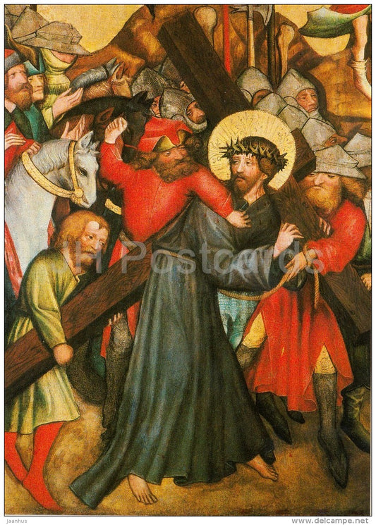 illustration by Master of the Rajhrad Altarpiece - Bearing of the Cross - Czech art - large format card - Czech - unused - JH Postcards